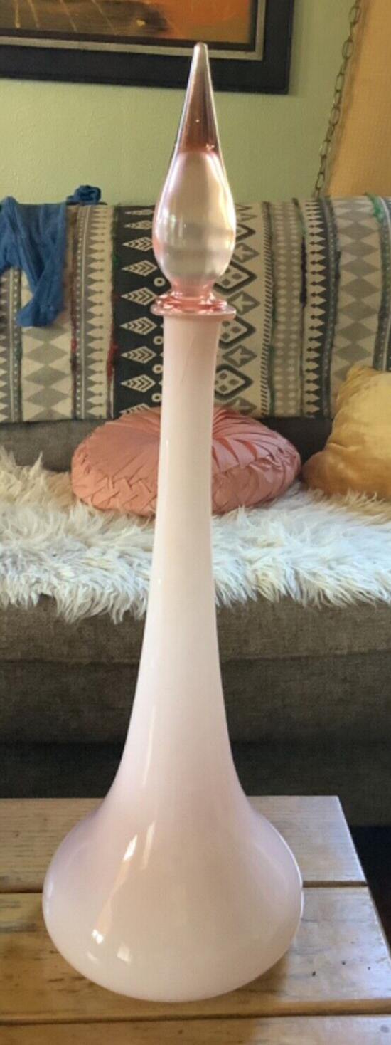 Vtg Large Italian Empoli Cased Glass Pink Opaline Decanter Bottle stopper