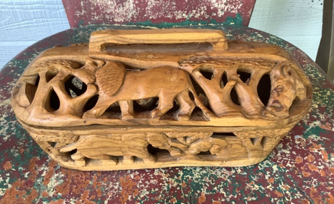 Vtg  Africa Safari Carved wood bowl bread box with animals