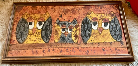 Vtg Lois S Becker 1967 owl painting Art Wood Frame Signed 1960s mid century mcm