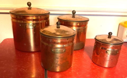 Vintage Copper brass metal cans  Canisters ~ Set Of 4 Tayee Brand