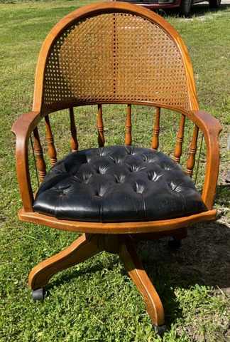 Vtg Bassett wood Oak Swivel Captain's desk Chair  Cane Back Office tufted  seat