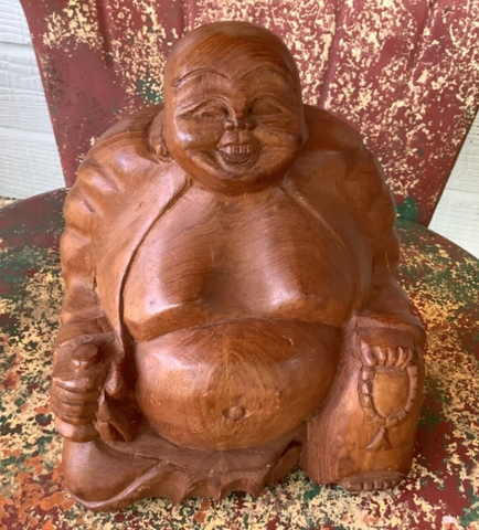 Vintage Hand Carved Wood wooden Laughing Buddha statue