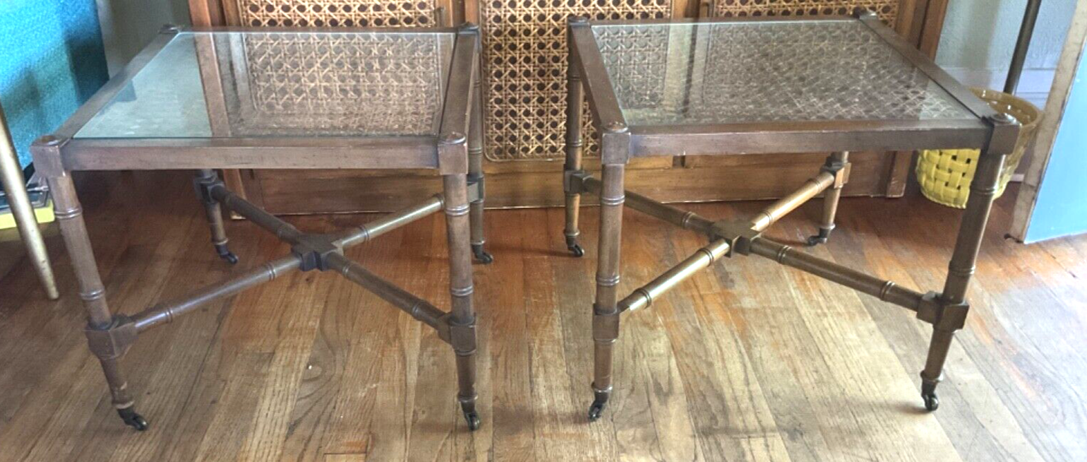 Vtg Hickory Chair Co. End/side Tables  cane wood glass castors faux bamboo