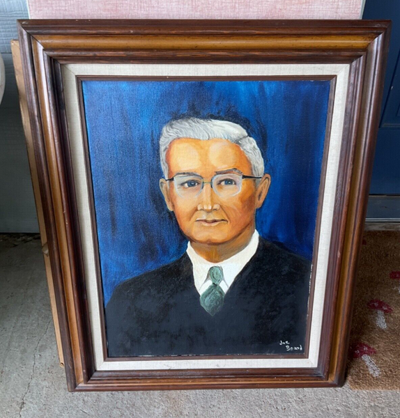 Vtg  MCM Era man PORTRAIT Old MID CENTURY Estate OIL PAINTING wood frame framed