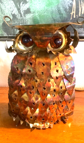 Vtg Brutalist Metal tin Owl Sculpture mid century Curtis Jere copper brass mcm