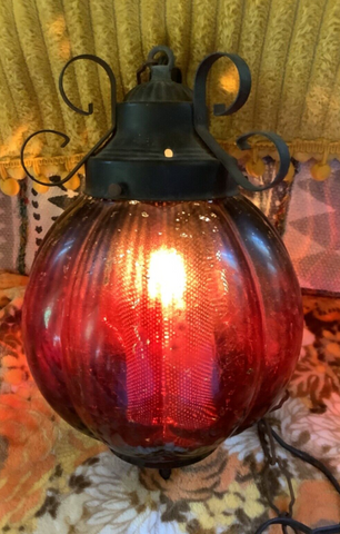 Vtg Retro Gothic Spanish Tudor Hanging Swag Red glass globe Light Fixture mcm