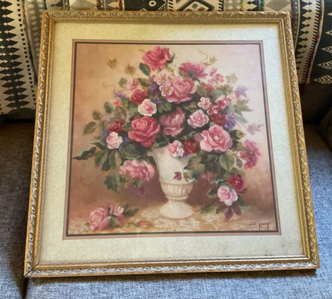 Vtg large gold framed Roses  Floral Home Interiors Print picture wall art frame