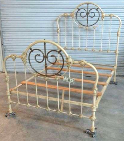 Antique Vtg Cast Iron brass Full Bed Frame Country Cottage Shabby Chic  Iron Bed