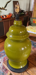 Large Vintage MCM mud century modern Olive Green Ginger Jar Style Ceramic Lamp