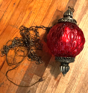 Vintage MCM Ruby Red Glass Hanging Swag Lamp mid century modern retro quilted