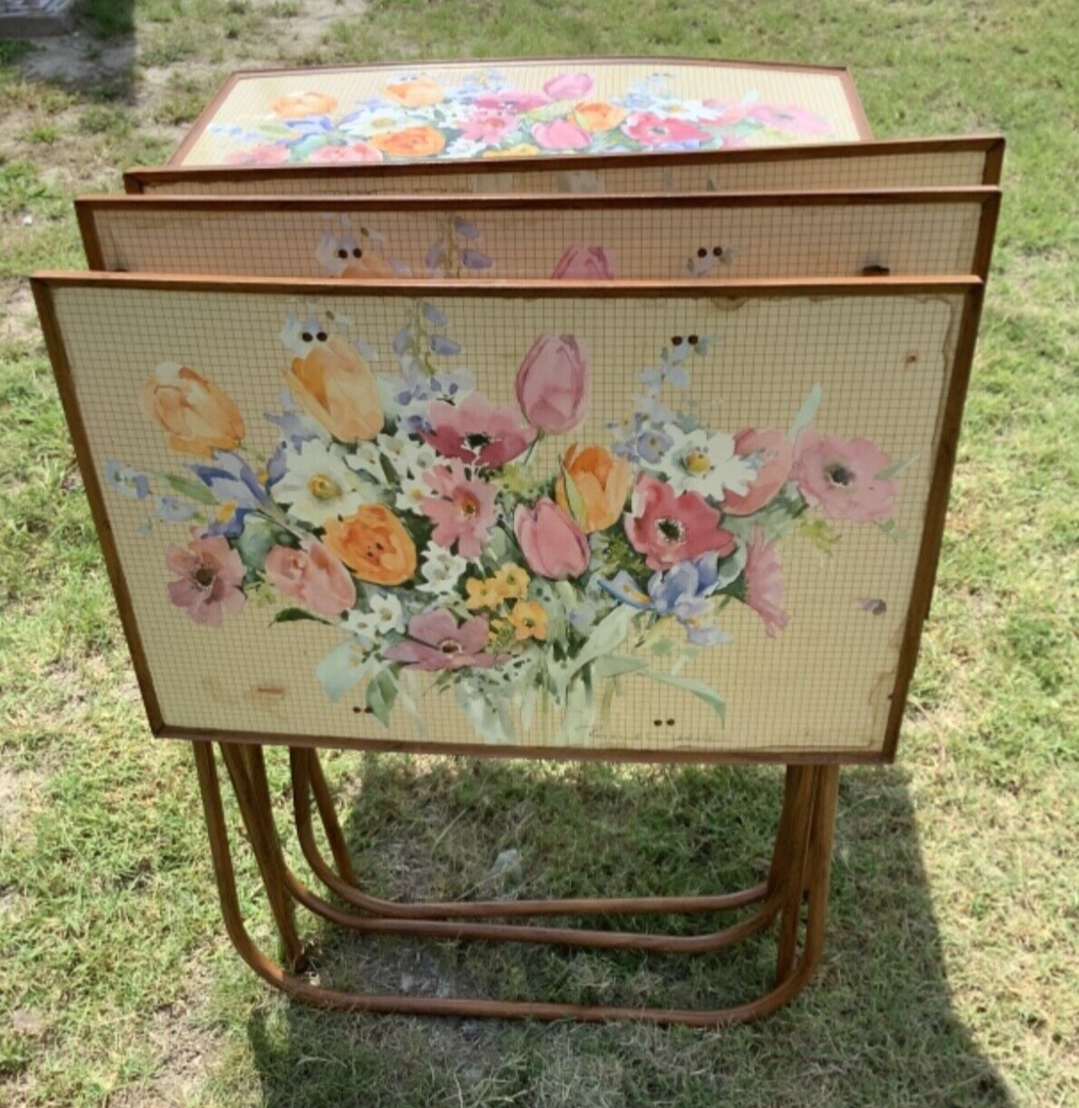 VINTAGE Set 4 mid century FLORAL flower TV TRAY table SET mcm modern r