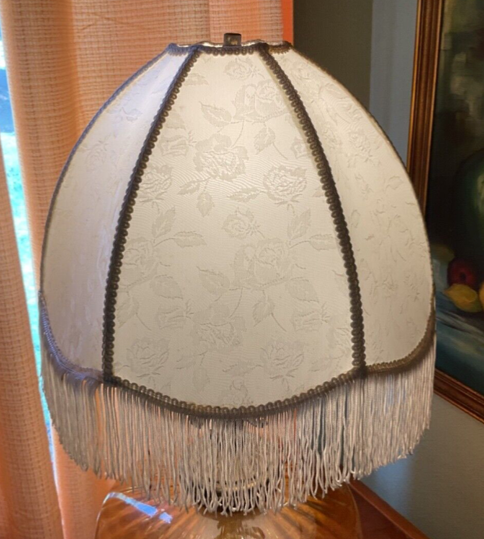 Vtg Victorian  Large Lamp Shade Ivory w/Brocade roses floral  Lace  fringe