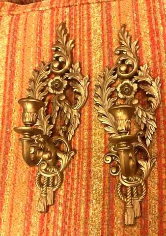 Vtg Pair Burwood Syroco gold Candle Wall Sconces Hollywood Regency  Wall Decor