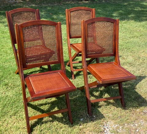 4 Vtg wood  wooden Woven Rattan Cane Back Folding Chairs World Market