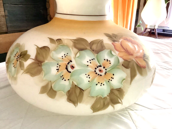 Vtg large GWTW milk glass Floral Hurricane Oil Electric Glass Table Lamp Shade