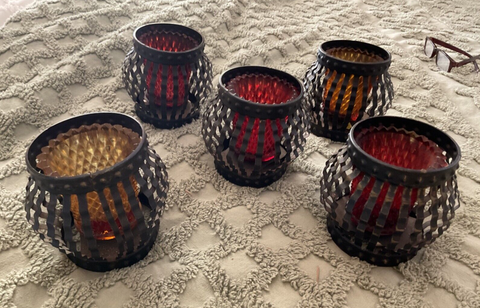 VINTAGE BLACK METAL CAGE CANDLE HOLDER SET 2 RED GLASS VOLTIVE MCM GOTHIC RETRO