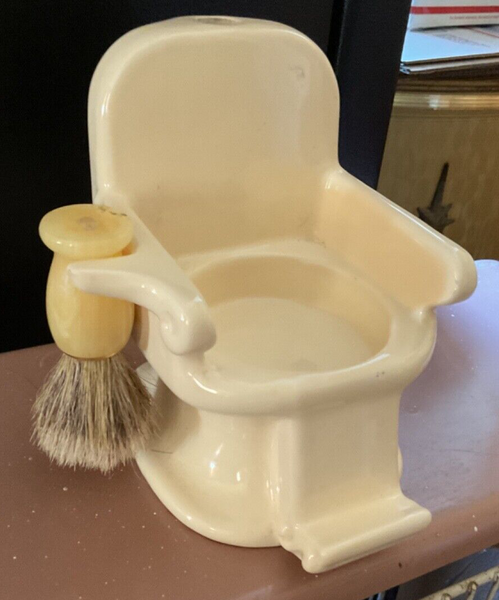 Vtg Andre Richard Japan Ceramic Barber Chair Shaving Mug, Brush, Soap Bar,Razor