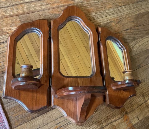 Vintage MCM Tri-fold Handcrafted Wooden Wall Sconce Mirror Candle Holders wood