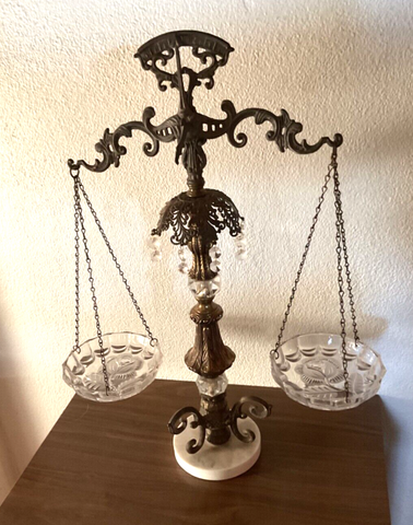 Vintage Large Lawyers Scales Of Justice Brass And Marble  glass roses