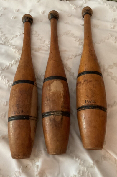 Lot 3 Antique Wood Juggling Clubs  Pins Vintage Exercise Weights Wilson 1 1/2 lb