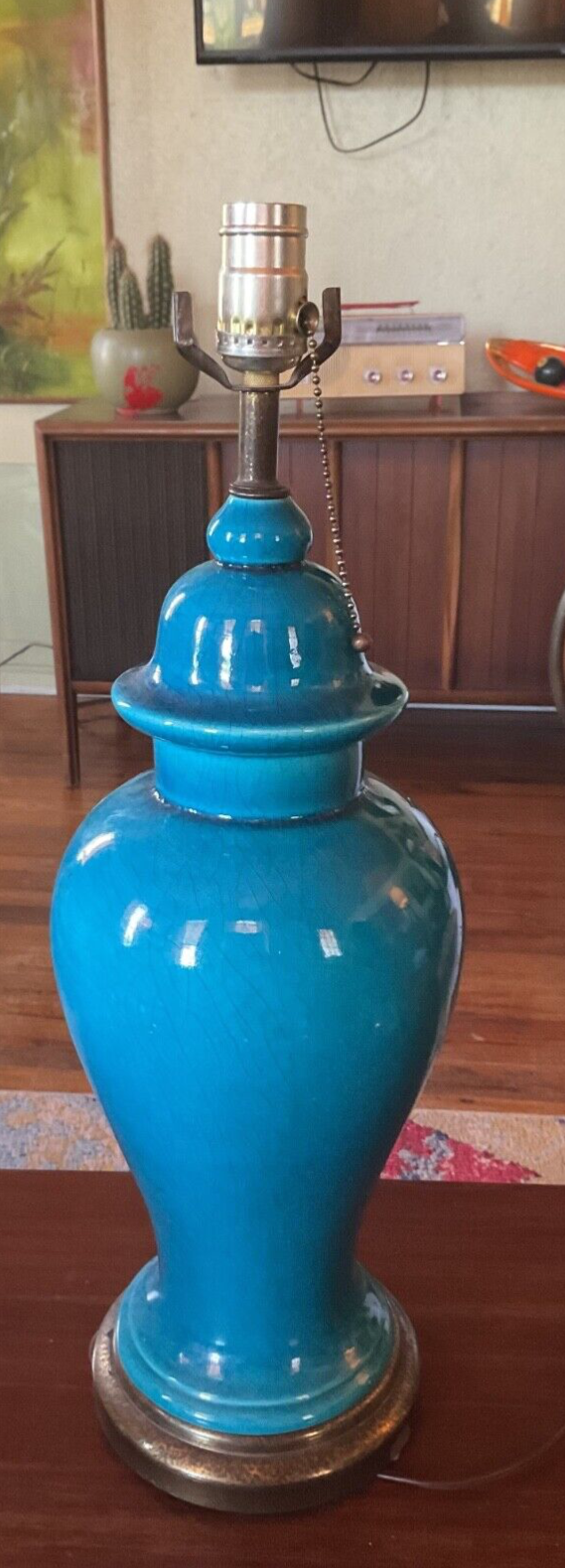 Vtg  MCM mid century modern blue turquoise Ginger Jar Style Ceramic table lamp