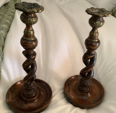 Pair  Brass oak Wood “ BARLEY TWIST” Candlesticks candle holder Vintage antique