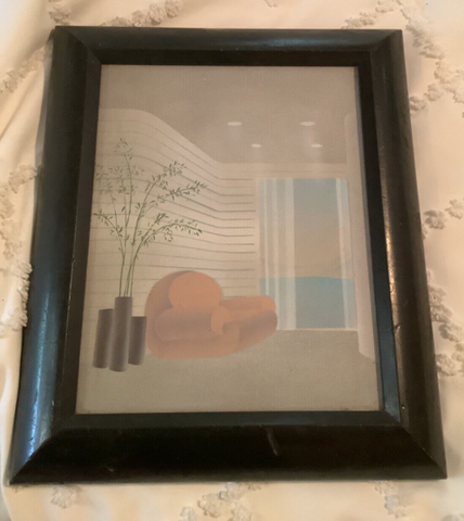 Vtg art deco Lithograph on canvas Personal Preference Inc. frame chair  plant