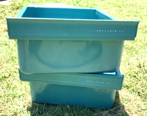 Pair Vtg 1950s Turquoise bluE metal  Refrigerator Vegetable Drawer Crisper Bins