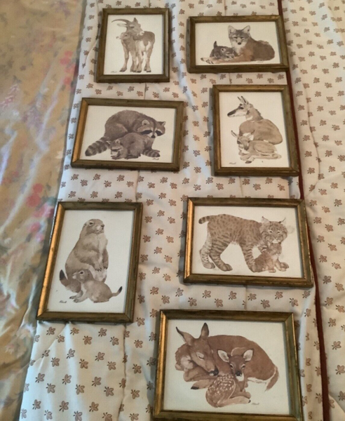 Vintage Lot LK Powell Prints Prairie Dog Sheep lion raccoon fox deer wood Frame