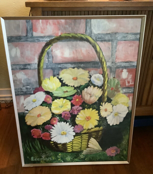 MID CENTURY MODERN  STILL LIFE OIL PAINTING OLD VINTAGE FLOWERS  signed Leeman