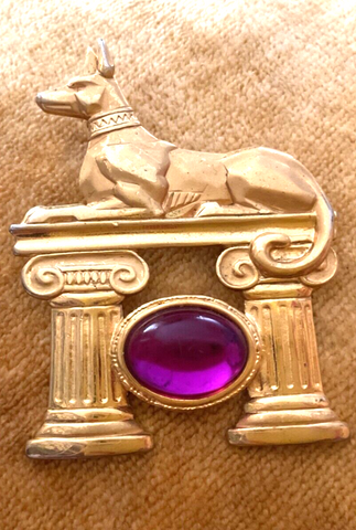 Vintage 80’s Egyptian Anubis Dog Brooch Pin Amethyst Signed JJ Gold Tone RARE