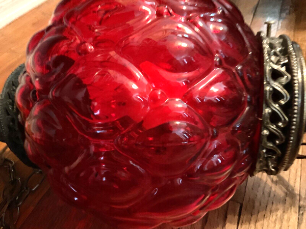 Vintage MCM Ruby Red Glass Hanging Swag Lamp mid century modern retro quilted