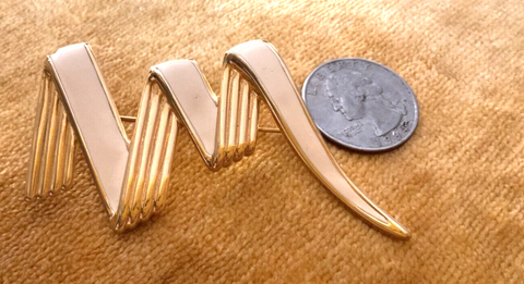 Vintage Signed Monet Letter M White Cream Enamel & Gold Tone Brooch 2.75” Pin
