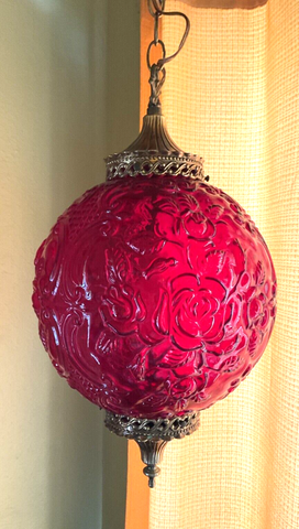 Vintage MCM Ruby Red Glass Hanging Swag Lamp mid century modern retro roses