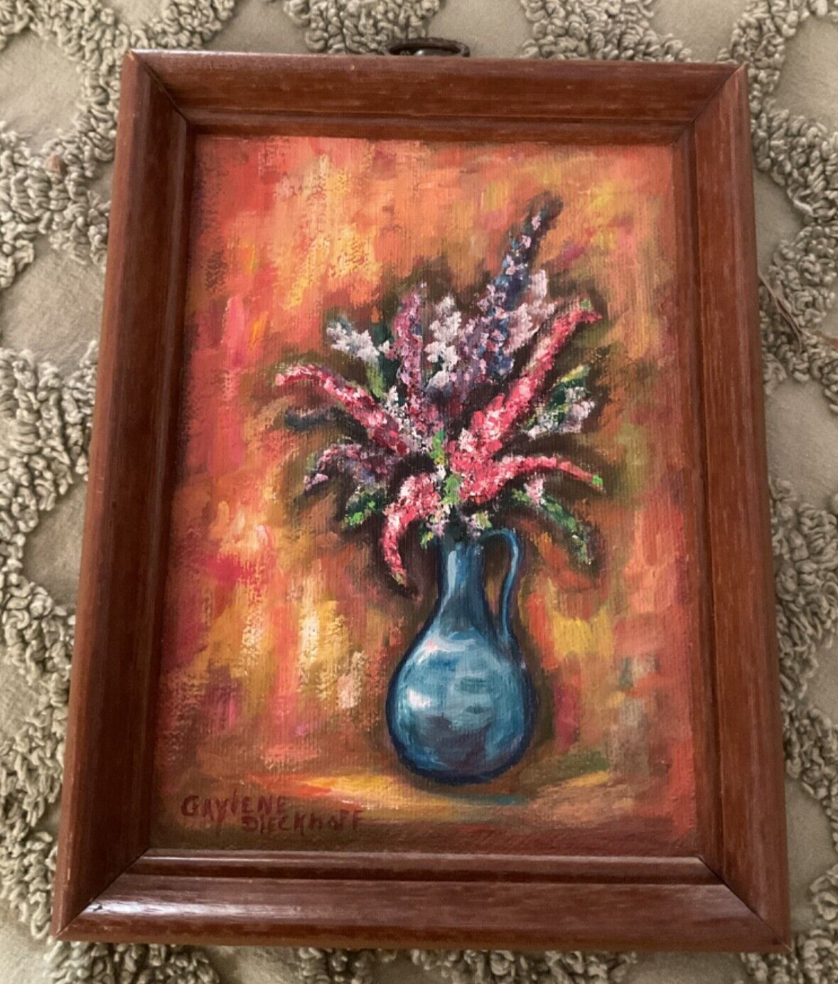 SM VTG Oil Painting Flowers floral in Blue Art Pottery Vase wood Frame signed