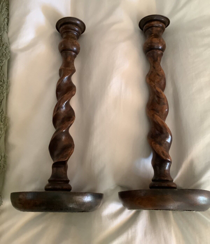 Pair Of  oak Wood “ BARLEY TWIST” Candlesticks candle holder Vintage antique