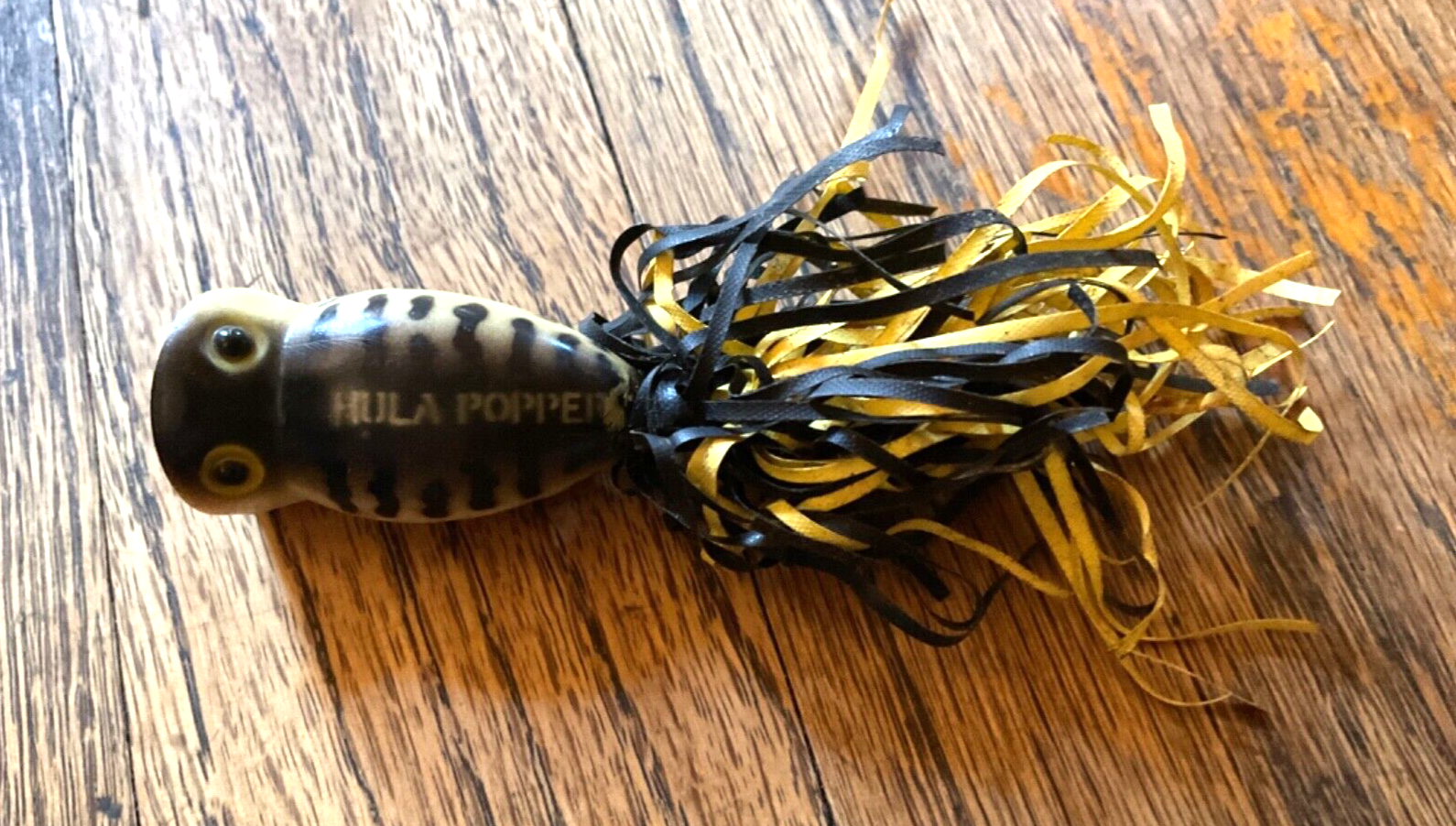 Vintage Fishing Lure Arbogast Hula Popper Tough Yellow black Flyrod Ba Vintage Fishing Lure Arbogast Hula Popper Tough Yellow black Flyrod Ba