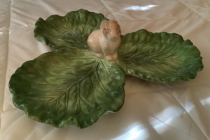 Ceramic Tri-Section Cabbage Leaf Dish Bunny Rabbit in Center - 3 Leaves Server