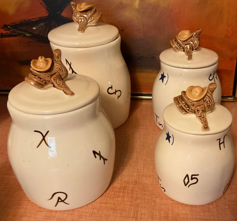 Storyteller Arts Canisters cookie jars Saddles Cowboy Brand Symbols Hand Painted