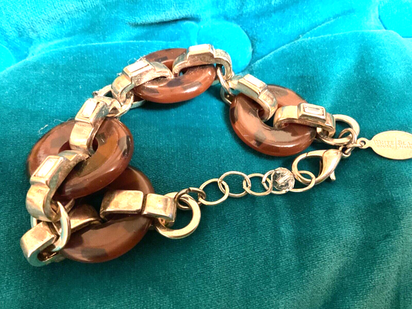 White House Black Market Signed Tortoise Shell Crystal Bauble Bracelet Vtg