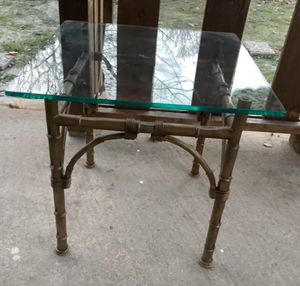 Vtg Hollywood Regency Square Faux Bamboo Gold Metal Glass Accent Side End Table