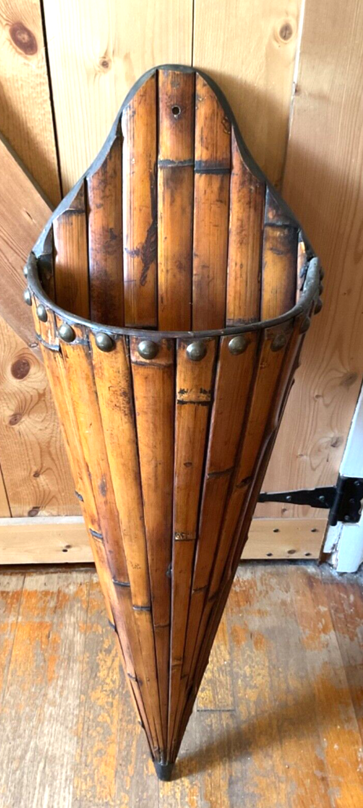 mcm hanging planter Vtg wood BAMBOO HANGING wall POCKET PLANTER mid century boho mcm