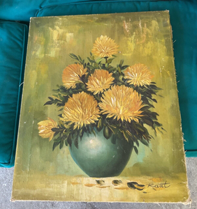 Vtg Floral Painting Still Life signed Artist canvas yellow mid century modern