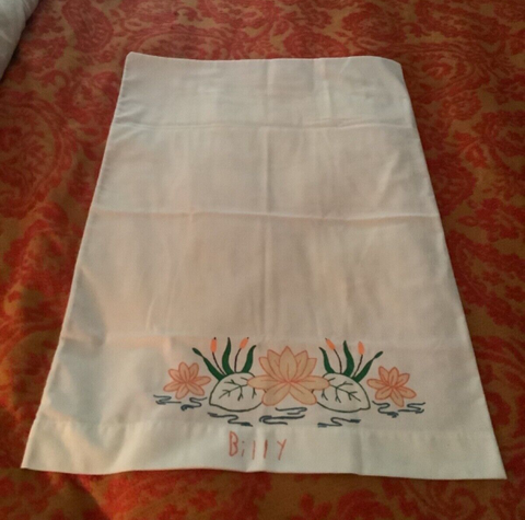 Vtg  Embroidered Cross Stitch Pillow Case floral monogrammed Billy  pillowcase