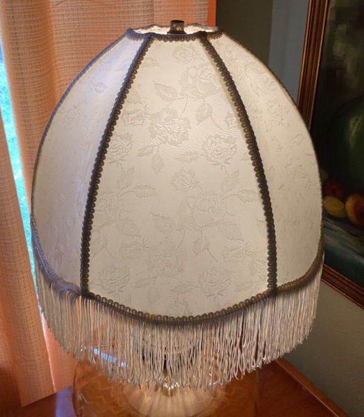 Vtg Victorian  Large Lamp Shade Ivory w/Brocade roses floral  Lace  fringe