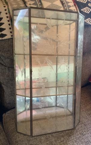 VTG Large Mirrored Etched Glass and Brass Curio Cabinet Display Case shelf wall