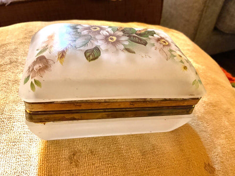 Frosted Vtg Glass Jewelry Trinket Box Hand Paint Hinged Brass Floral Rectangular