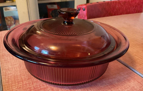 Corning Ware VISION Cranberry Glass 24 oz. Ribbed Covered Casserole Round Bowl