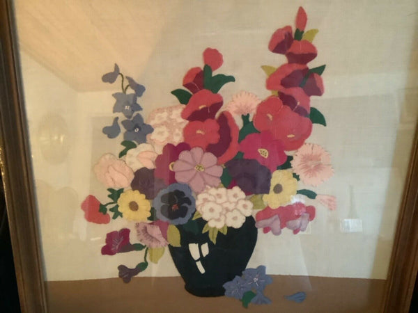 Vtg 1966 Framed  frame Floral Mid century modern retro Needlepoint wall Art vase