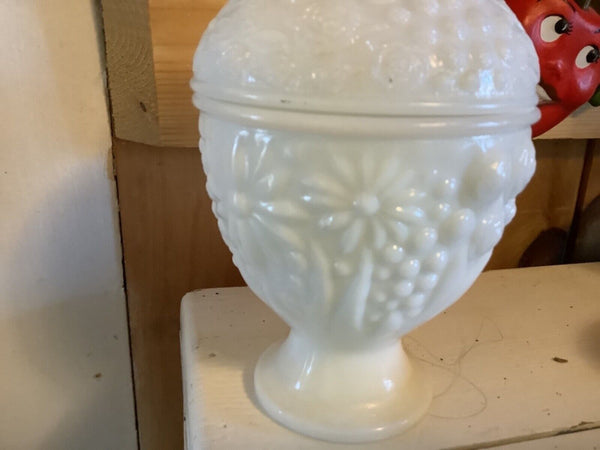 Vintage Avon Milk Glass Lidded Footed Egg Candy Jar Dish  Raised Floral Vanity